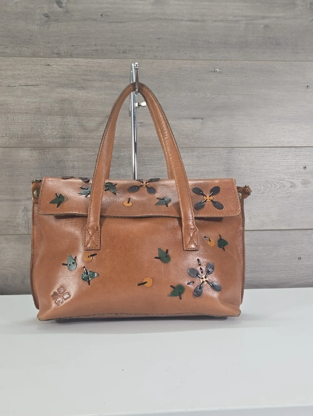 Patricia Nash Floral Appliqué Brown Leather Satchel Shoulder Bag Purse
